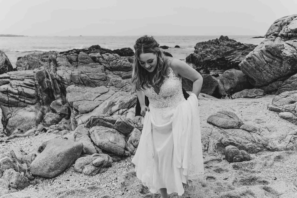 bride walking black and white