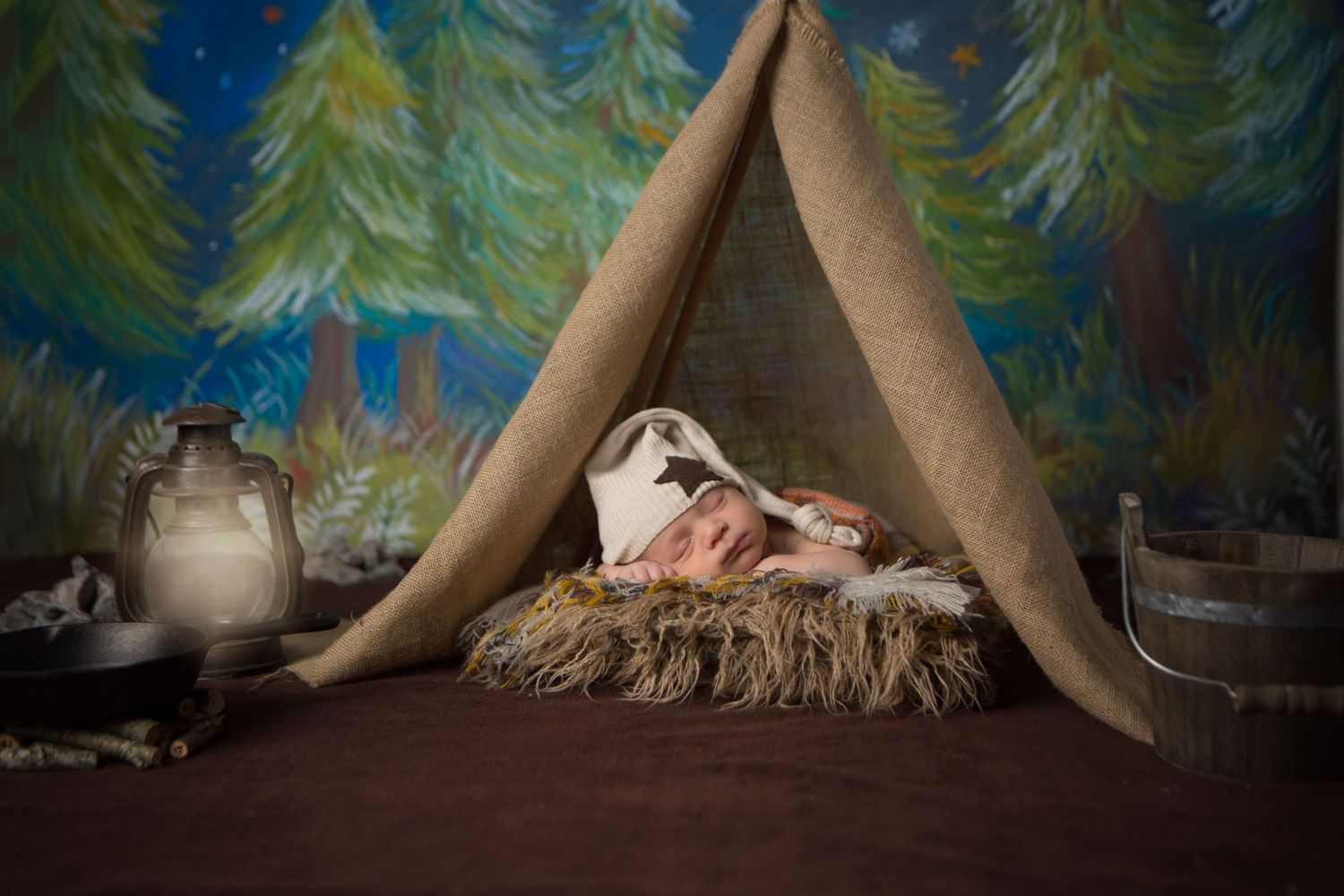 Newborn photography setup with rustic tent, pine forest backdrop and soft lighting.