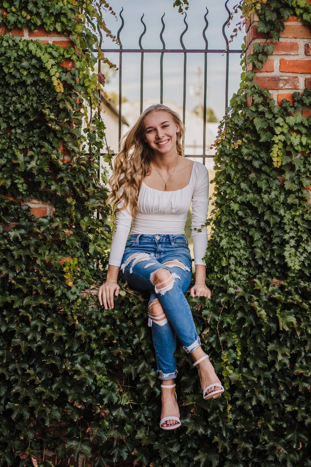 Seated pose on iron gate surrounded by climbing ivy and brick wall.