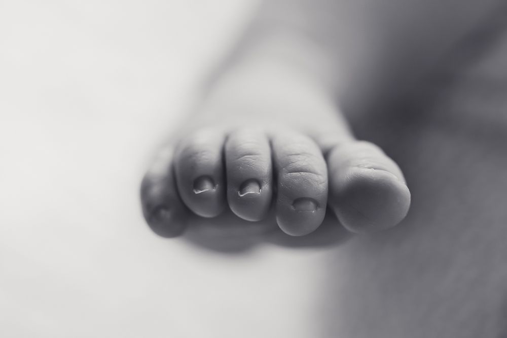 Close up black and white image of newborn toes