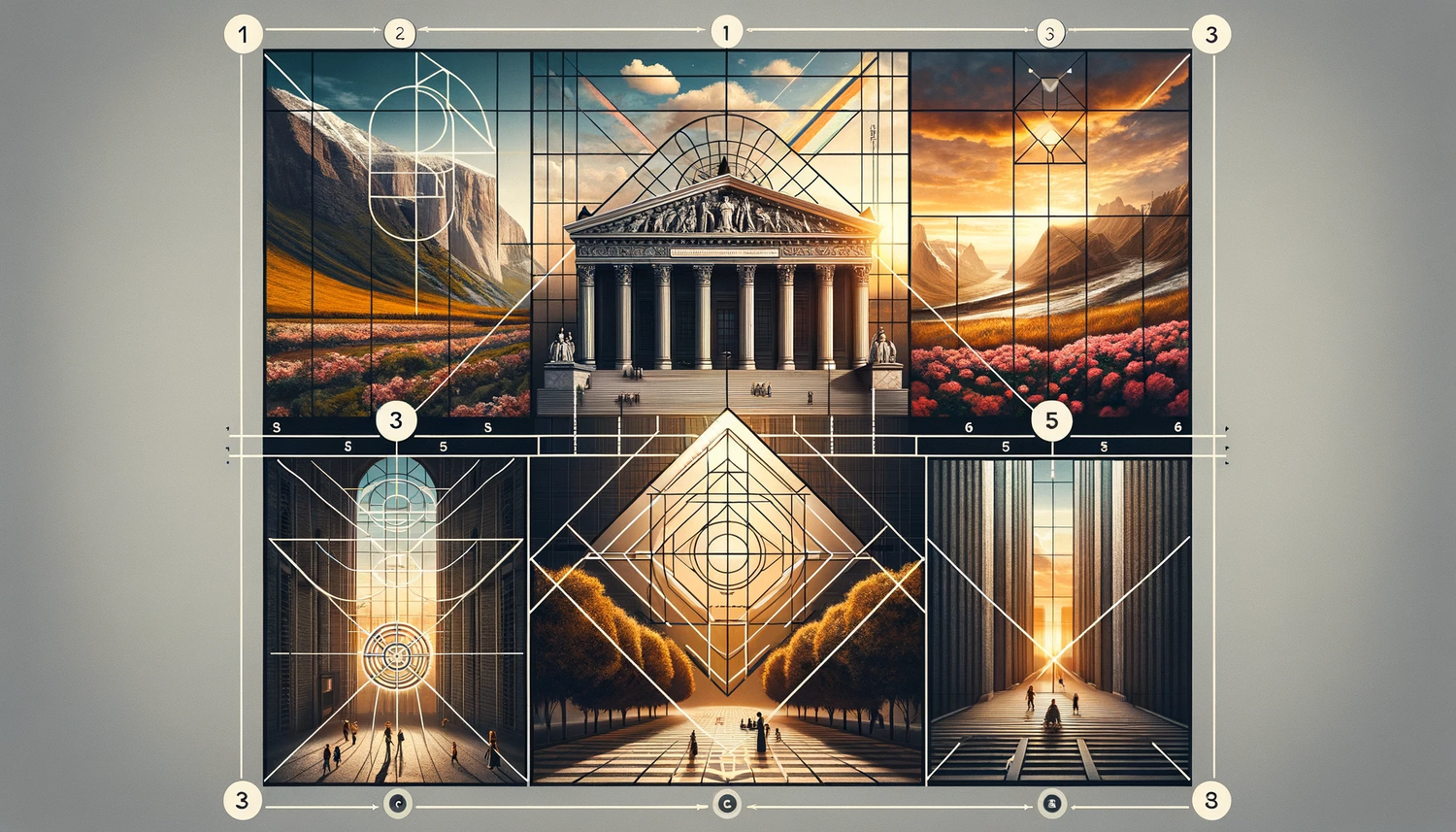 Architectural photography grid layout featuring classical buildings with geometric overlay design.