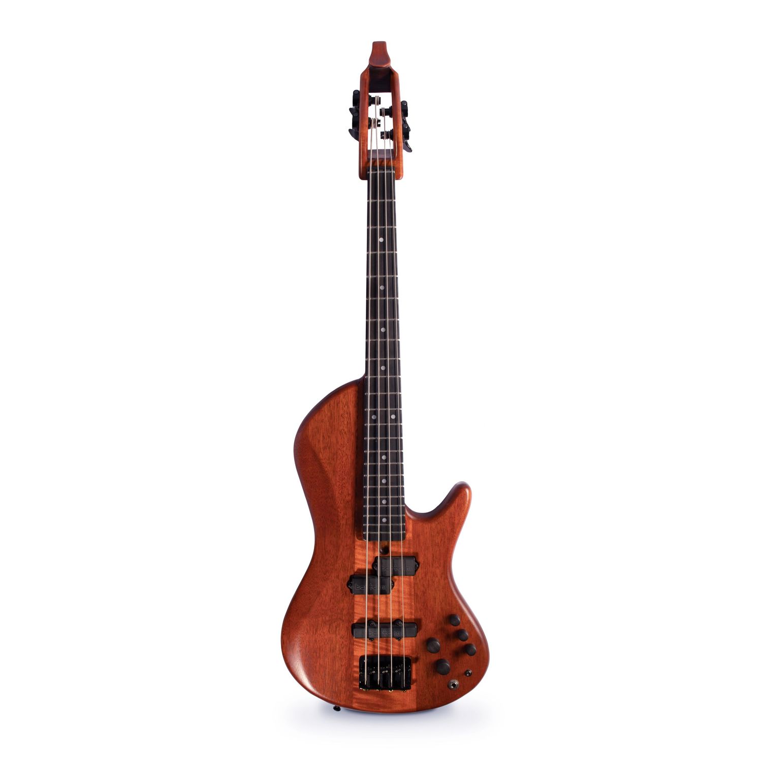 Brown wooden bass guitar with four strings isolated on white background.