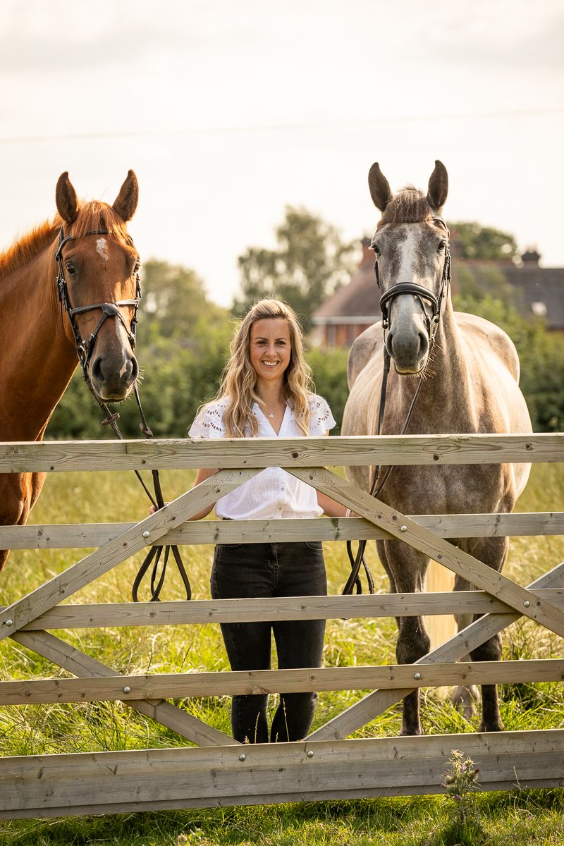 A person standing between two horses at a wooden fence in a summer field.