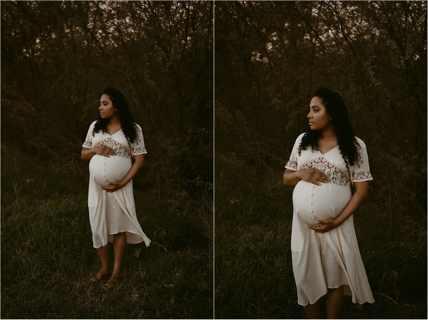 An outdoor maternity session features a flowing white dress against natural foliage.