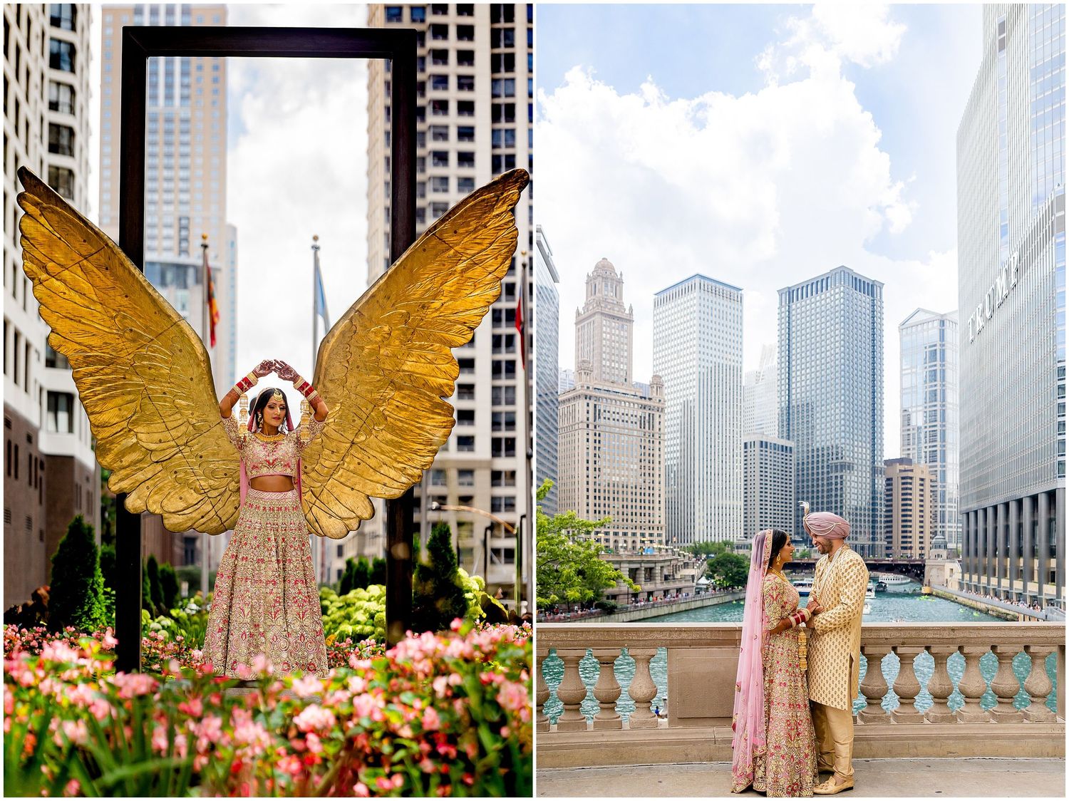 Creative wedding photography featuring golden wings installation and Chicago riverside backdrop.