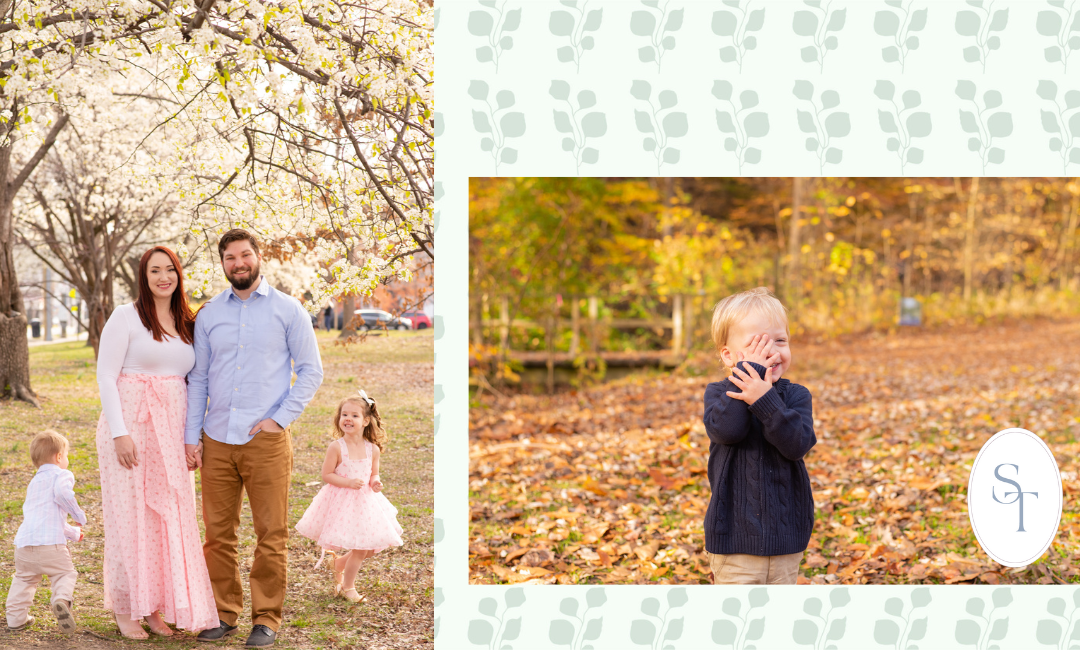 2 images: one family with mom and dad facing us, 2 children run around them. 2nd: little boy giggles, hand over face