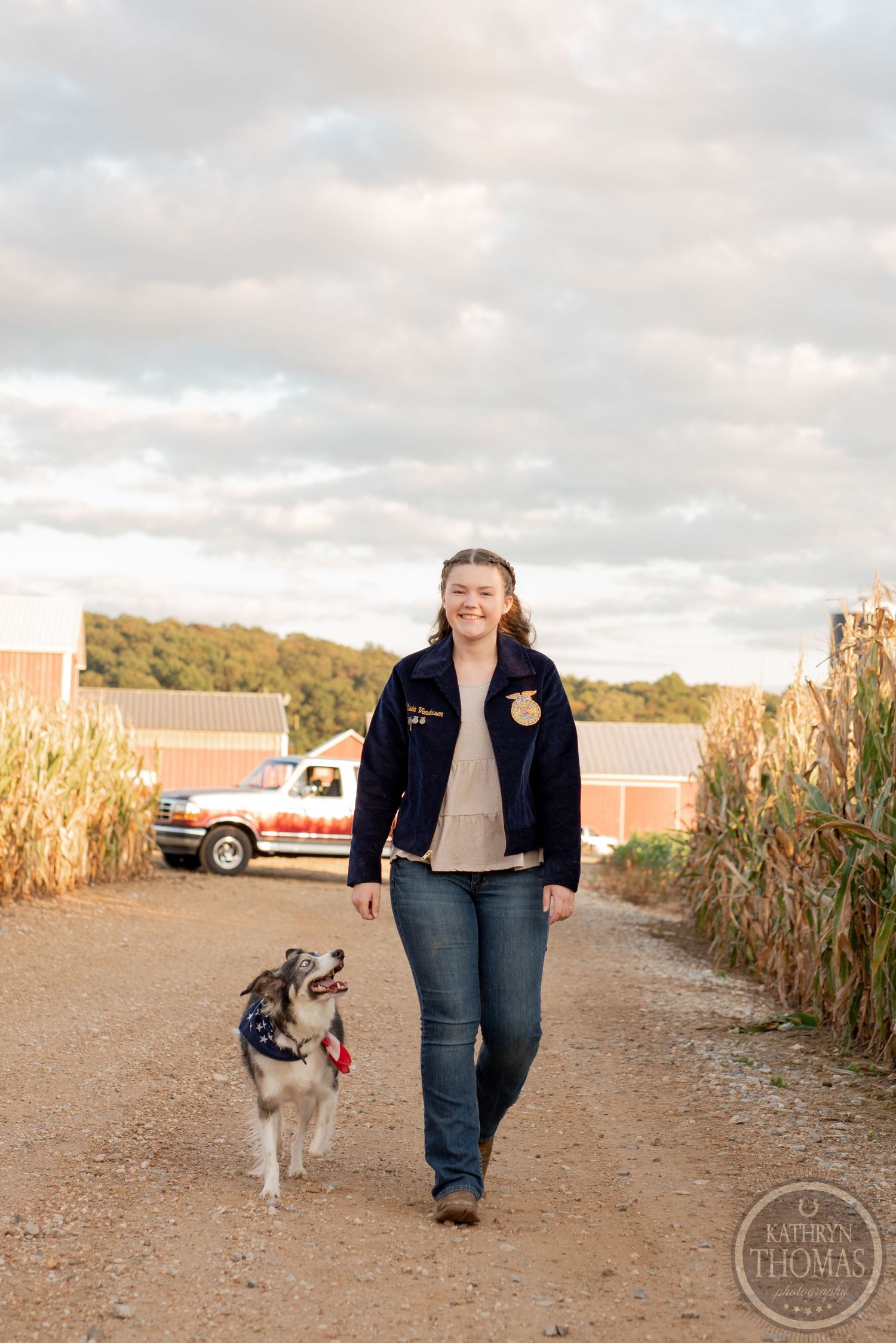 Walking with a dog on a path between cornfields near red barns at sunset.