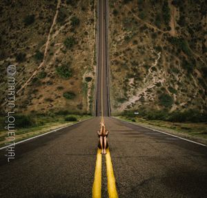 Empty desert highway with yellow lines leading to distant horizon.