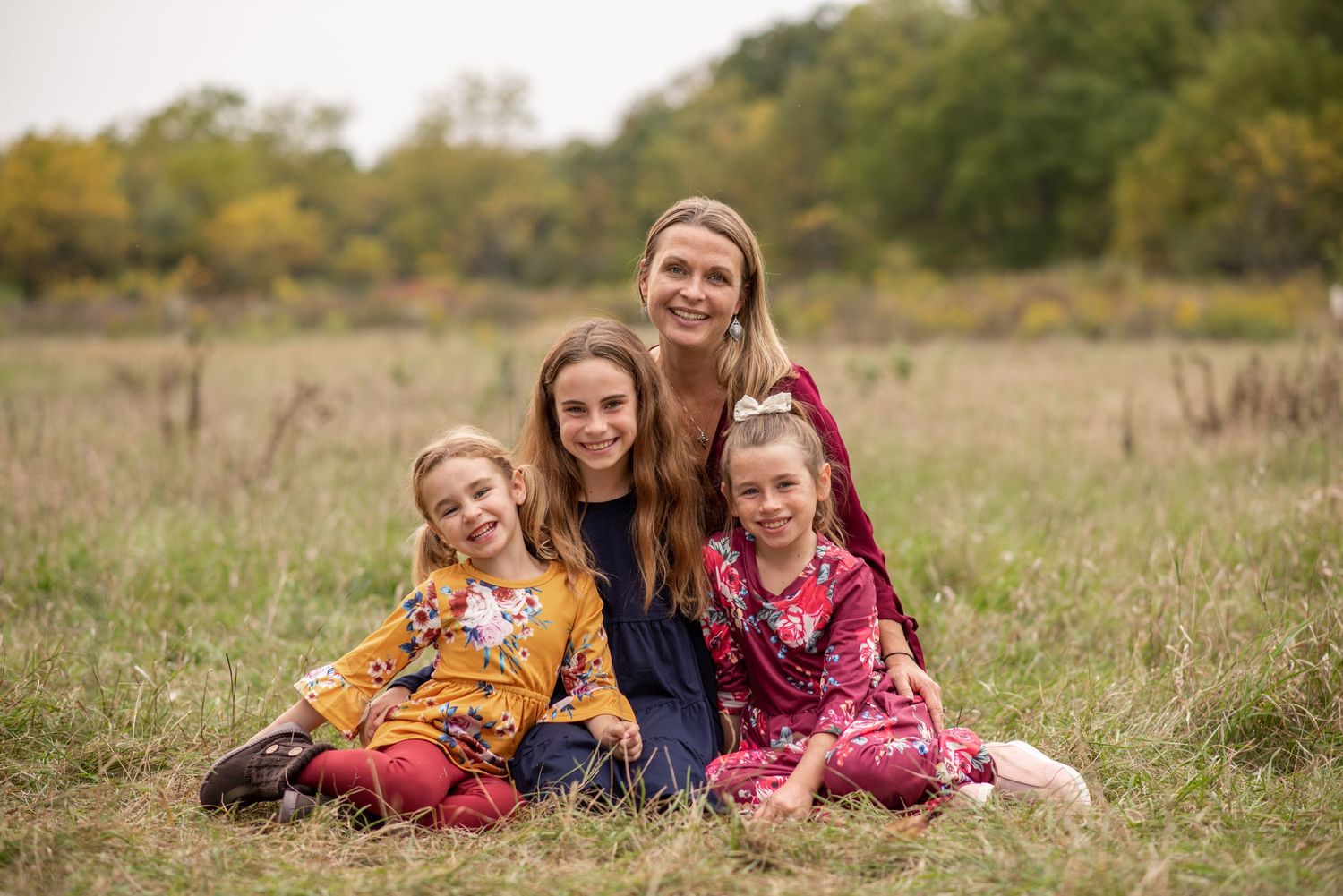 fall family mustard maroon navy girls siblings field nature portrait photo