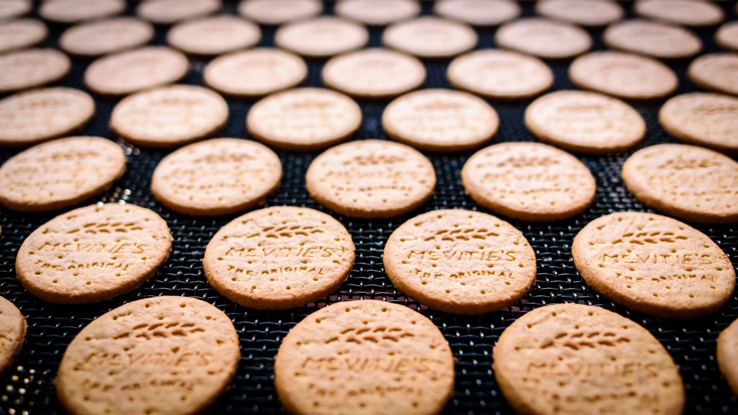 Rows of freshly baked macarons cooling on baking sheets.