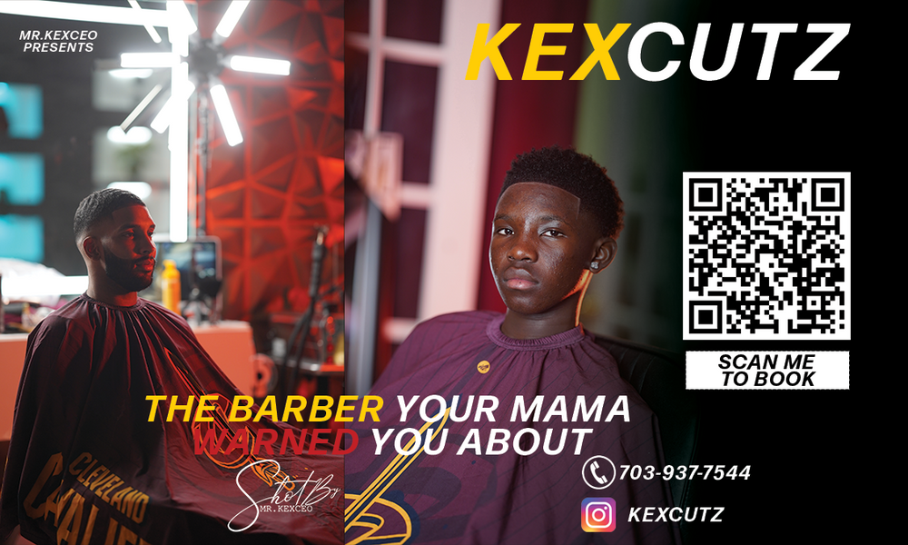 Barbershop advertising banner featuring neon lighting and business contact details.