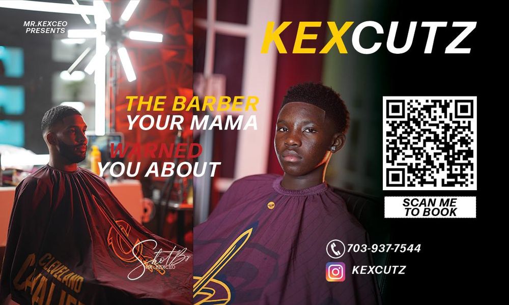 Red and dark banner design for Kexcutz barbershop with QR codes and contact information.