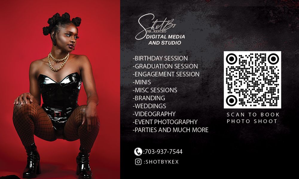 Red and black photography business card layout featuring elegant portrait and QR code.