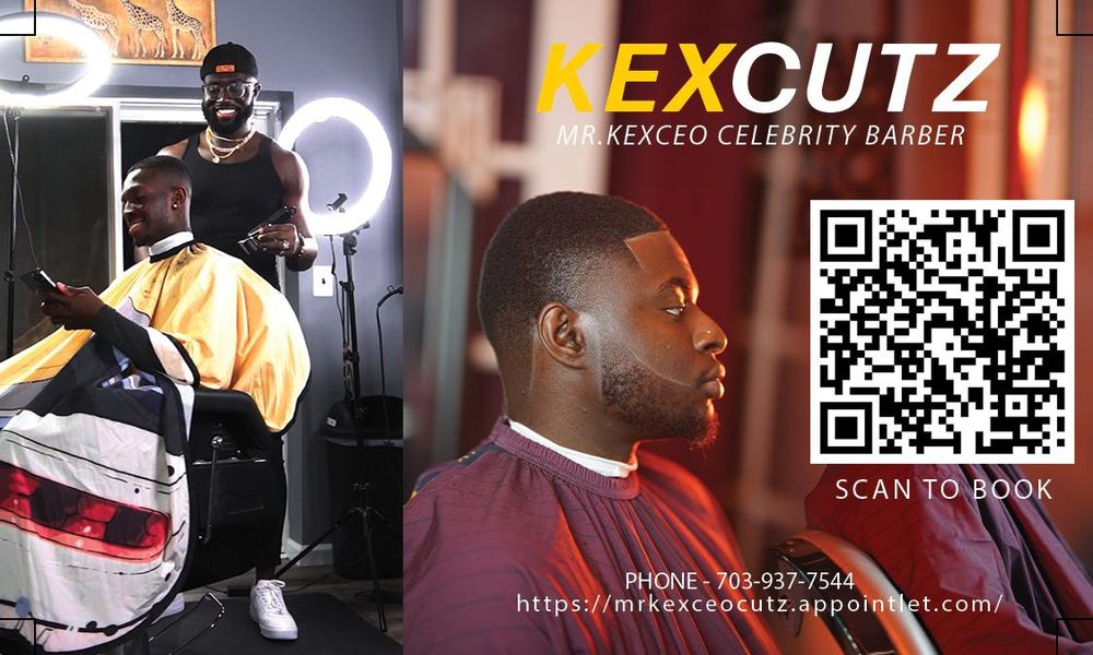 Professional barber shop promotional banner with red lighting and QR codes.