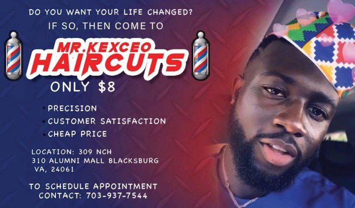 Banner advertising barber services with pricing and contact information.