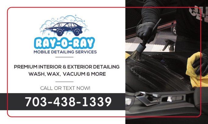 Professional car detailing service advertisement banner with contact information.