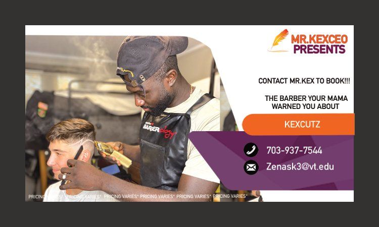 Professional barber service advertisement banner with contact information and booking details.