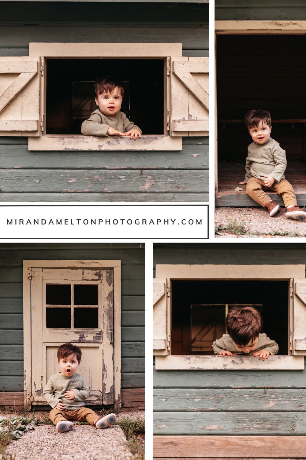 Collage of a boy in a playhouse at his first birthday photography session in Chaska, MN taken by the best Twin Cities family photographer.