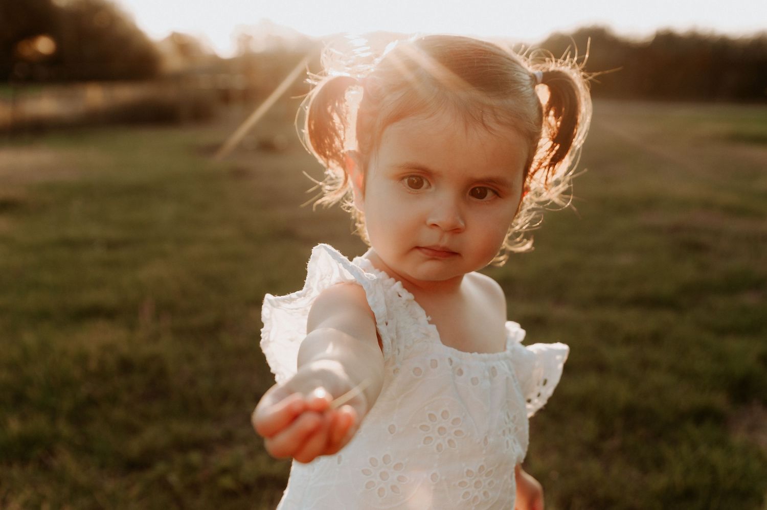 A young child in a white dress standing in a sunlit field at sunset.
Altona Family Photographer Melbourne