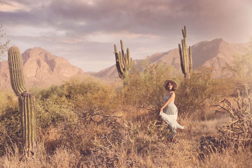 Desert landscape at dusk with dramatic mountain silhouettes and tall saguaro cacti.