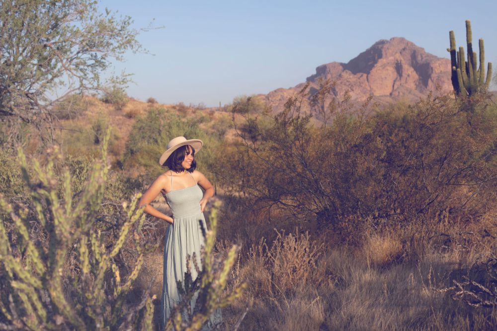 Scenic desert mountain landscape with towering saguaro cacti and desert vegetation.