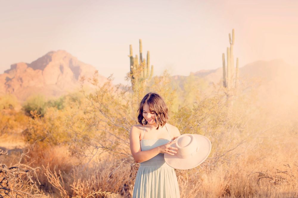 Desert landscape at sunset with saguaro cacti and mountains creating a romantic backdrop.