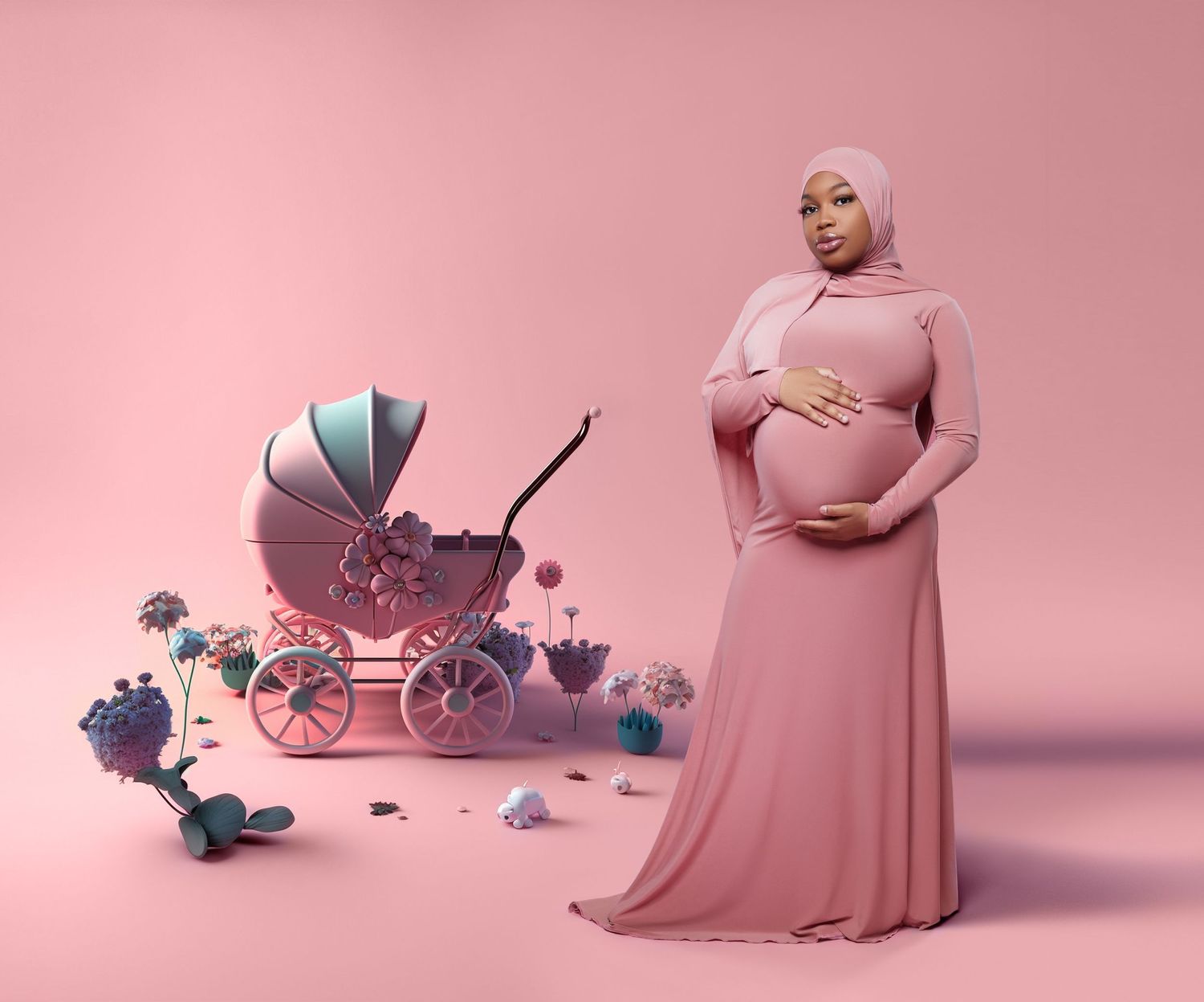 Maternity portrait with pink dress and matching baby stroller against rosy background.
