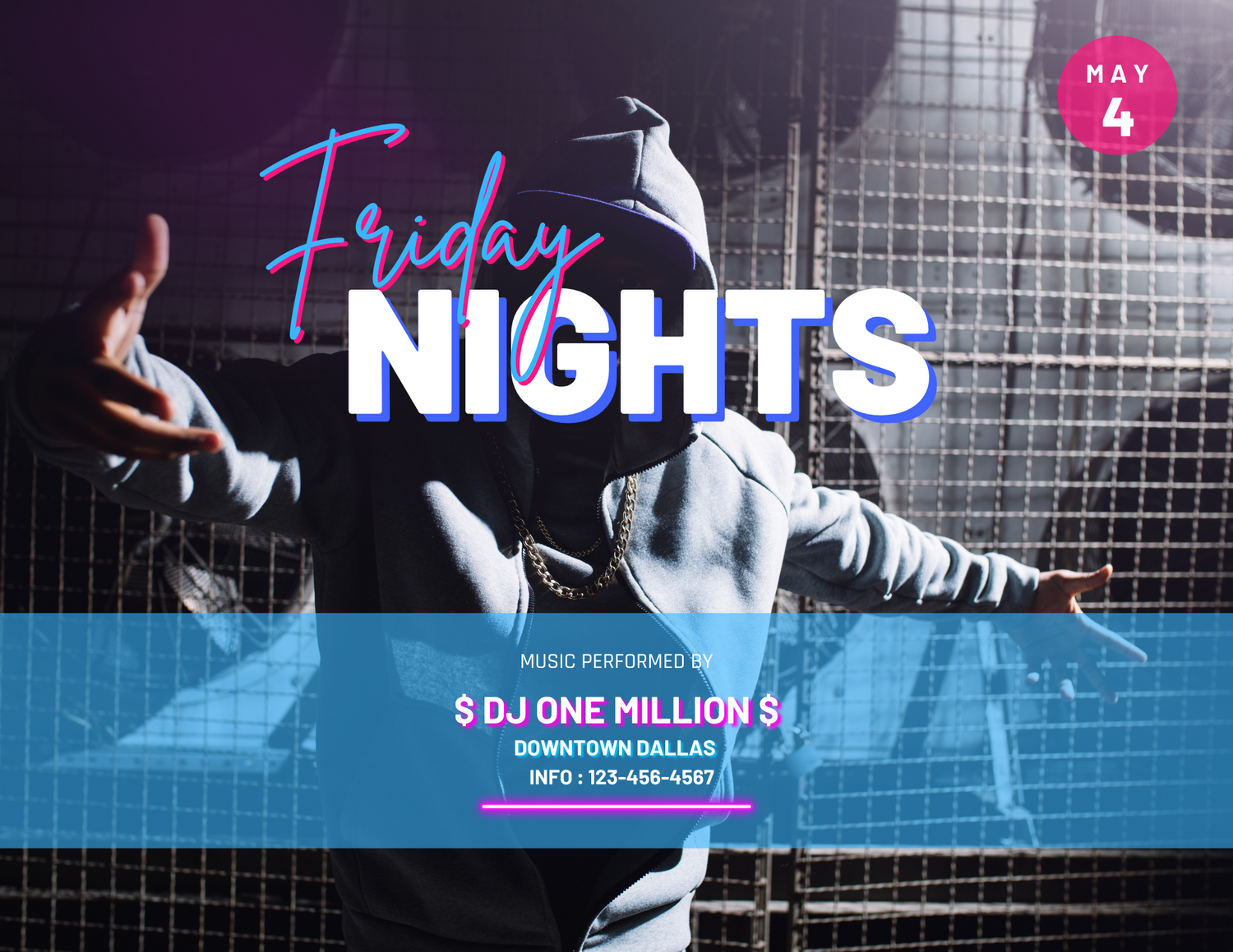 Sports event poster for Friday Nights featuring soccer imagery in blue and pink neon design.