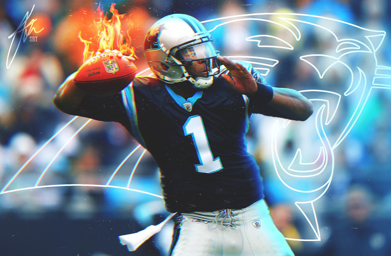 Artistic sports illustration showing a football player throwing with fire and team logo effects.