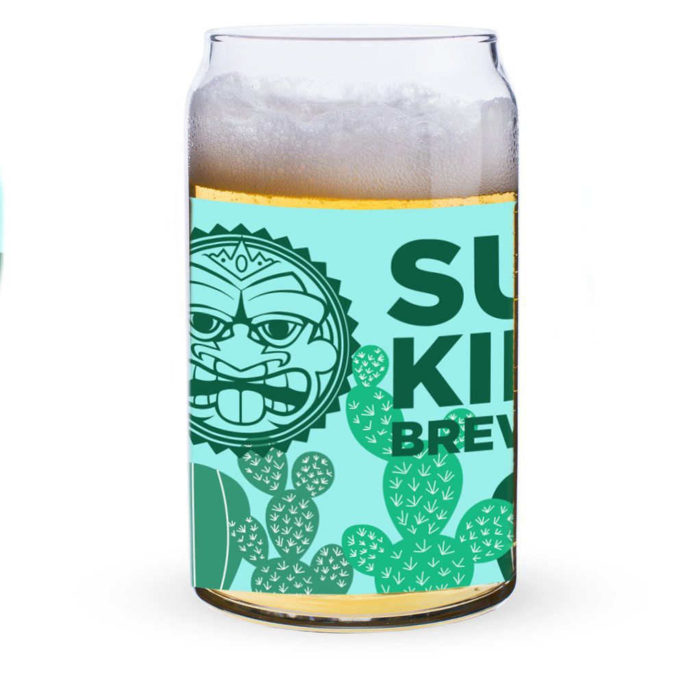 Glass beer can with turquoise cactus design and sun logo branding on mint green background.