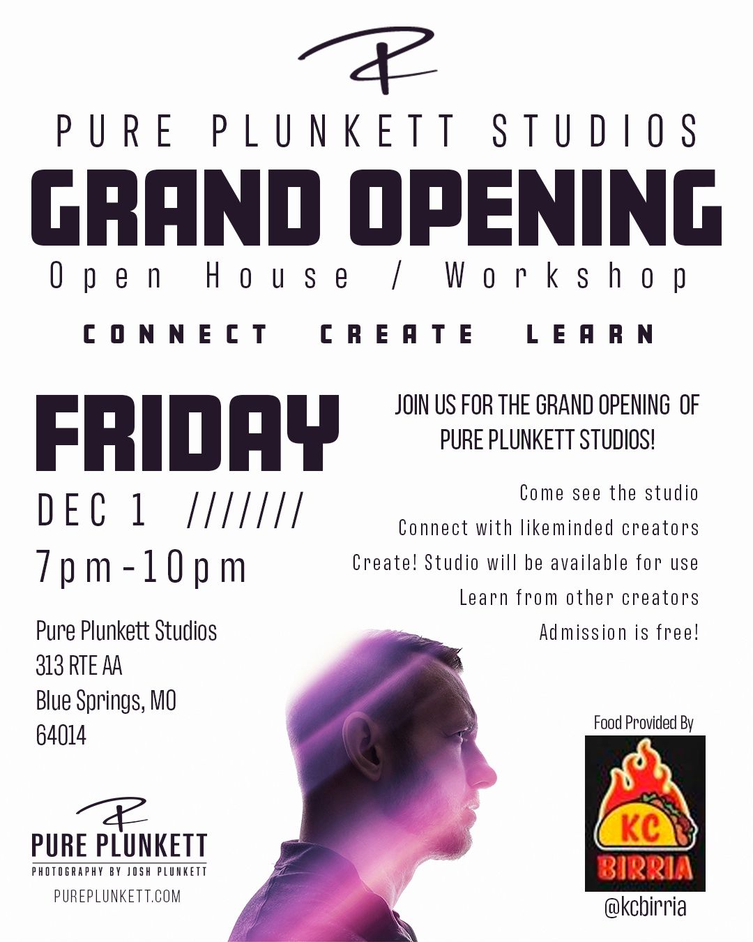 Event flyer for Pure Plunkett Studios grand opening featuring purple gradient design and workshop details.