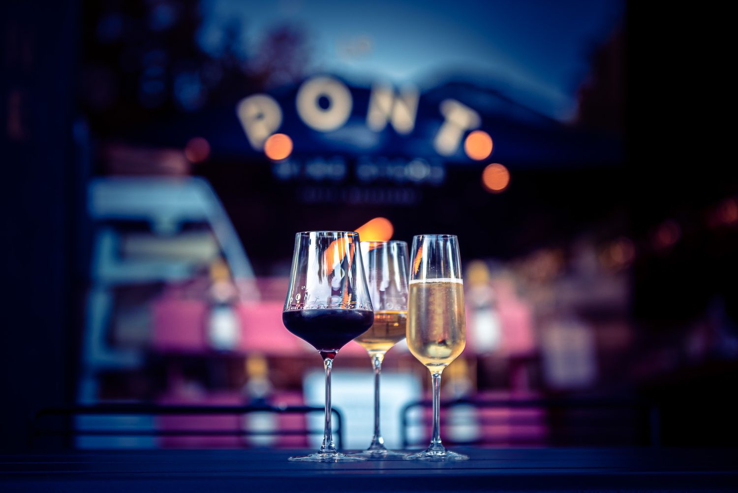 Three glasses of wine outside of Le Pont Wines in South Melbourne.