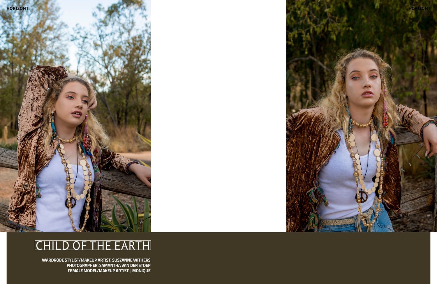 Earthy boho fashion editorial with natural textures and woodland backdrop.