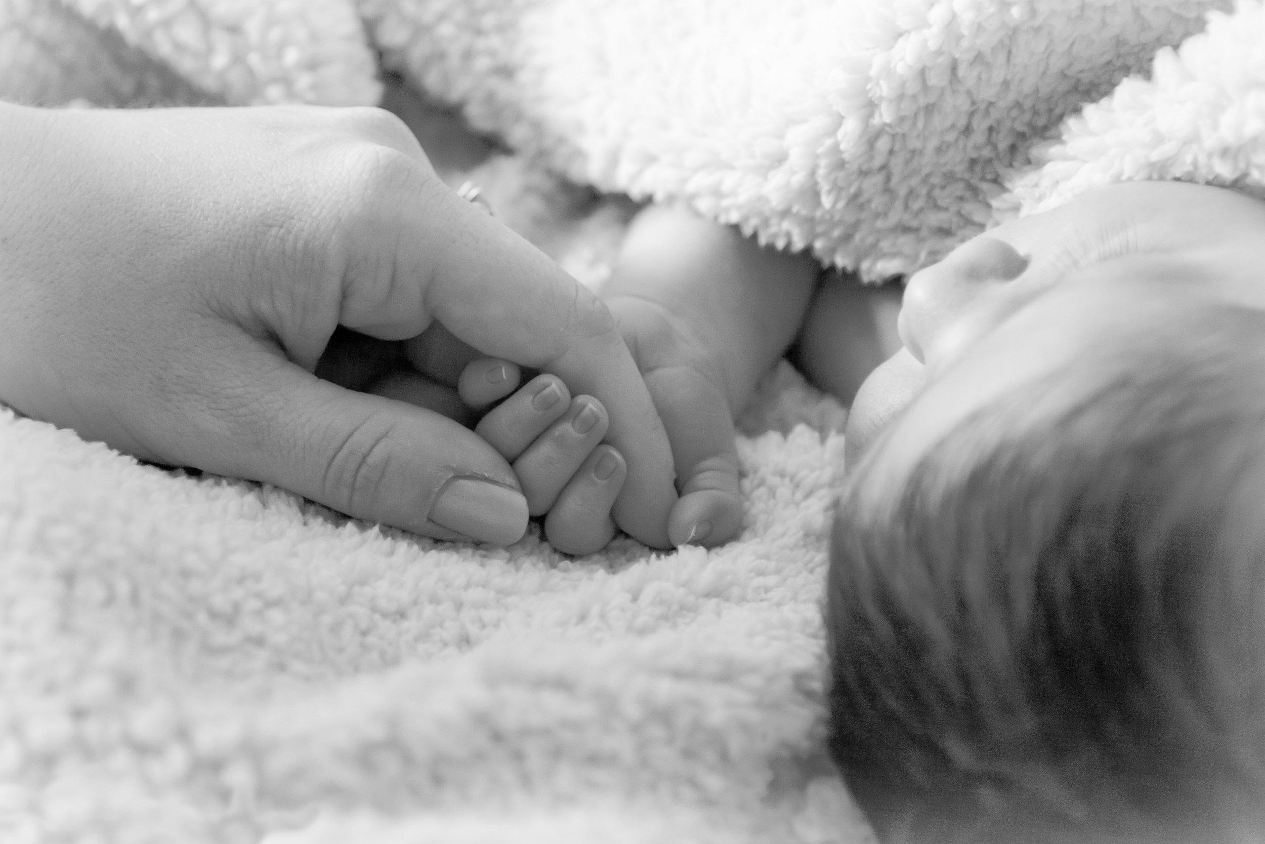 Black and white portrait of a newborn grasping his mothers pointer finger