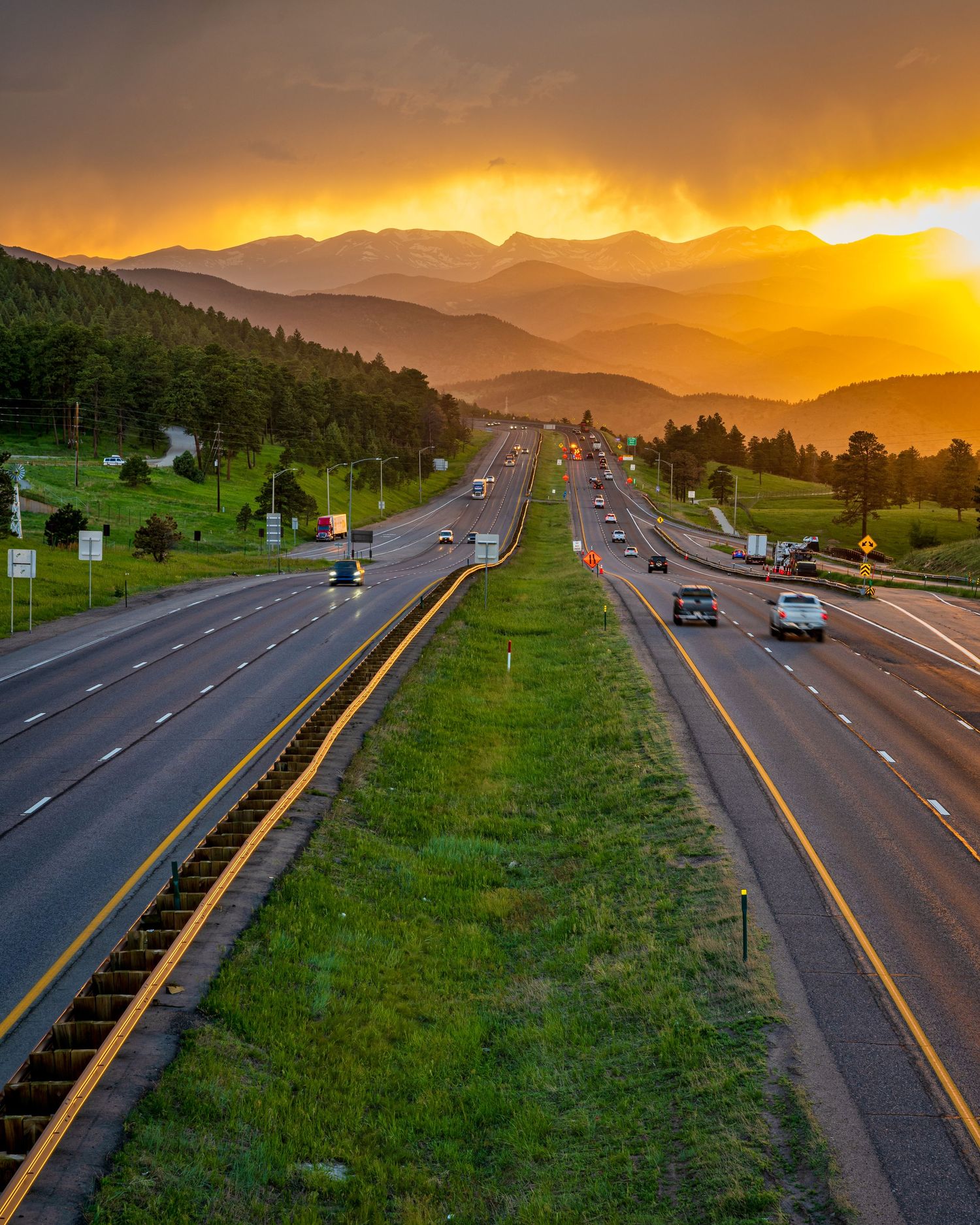 I-70 and continental divide at sunset photo by Denver Drone, Hospitality, Travel & Tourism photographer Captain Colorado Photography.