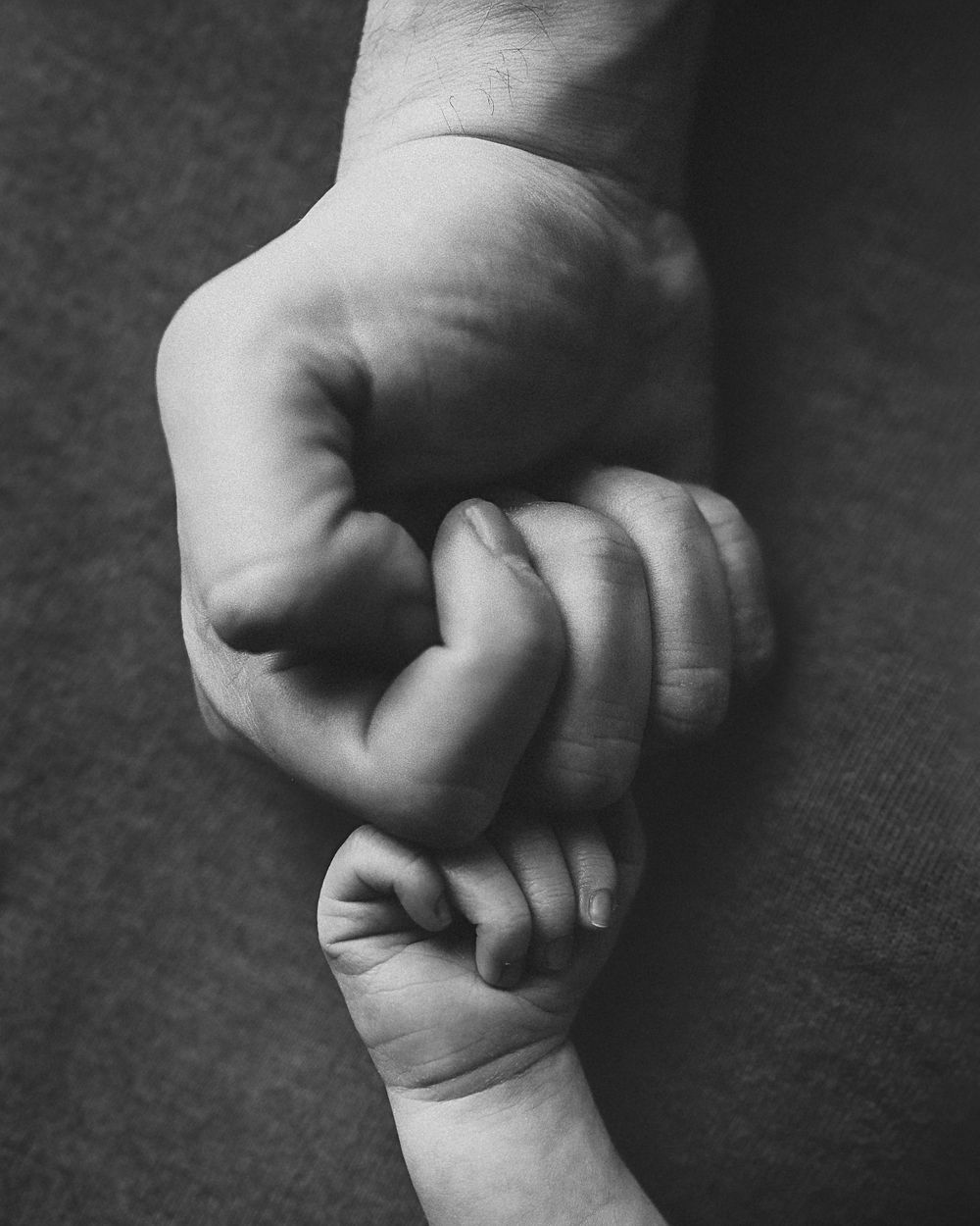 Black and white close-up of a tiny newborn baby fist bump with a parents large hand.