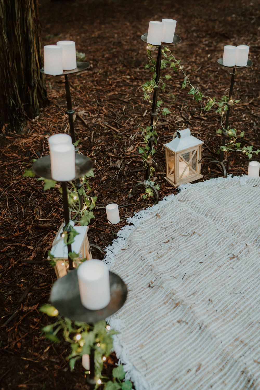 White lanterns and candles arranged on a textured blanket in a forest setting.