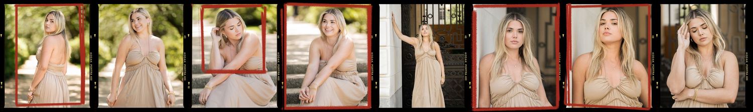 Collage of portrait photos featuring blonde woman in pink outfit at various outdoor locations.