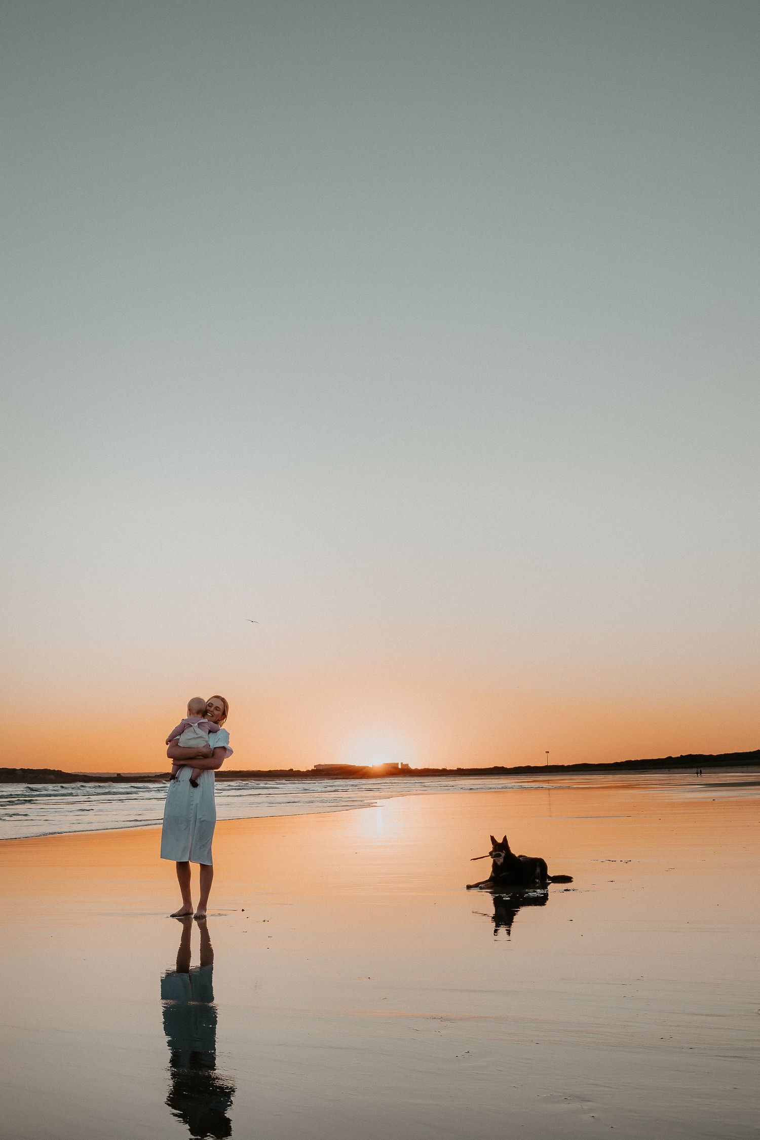 A silhouetted figure holds a child against a stunning beach sunset while a dog rests nearby.