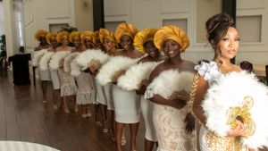 A wedding party line-up showcases matching white dresses with gold and orange accessories.