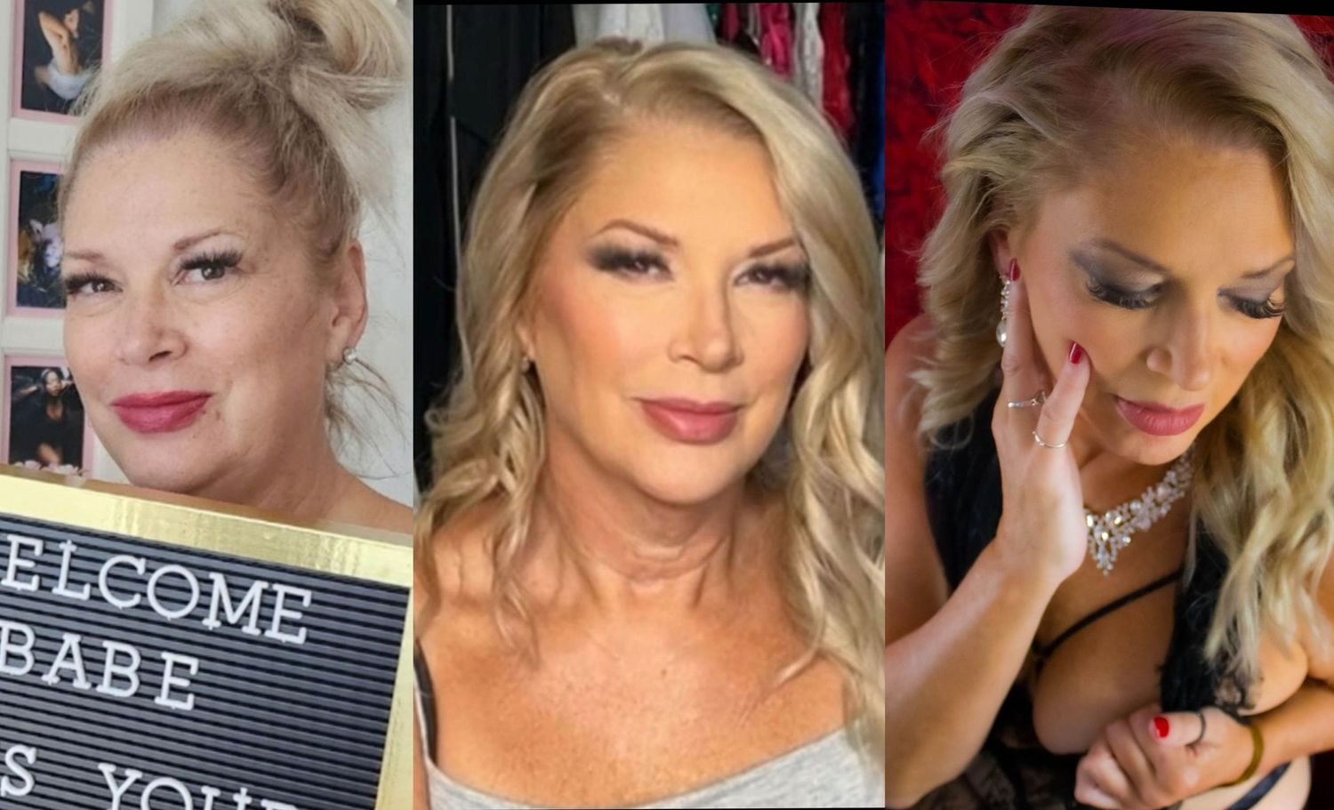 Three-panel progression featuring blonde hair and glamour styling.