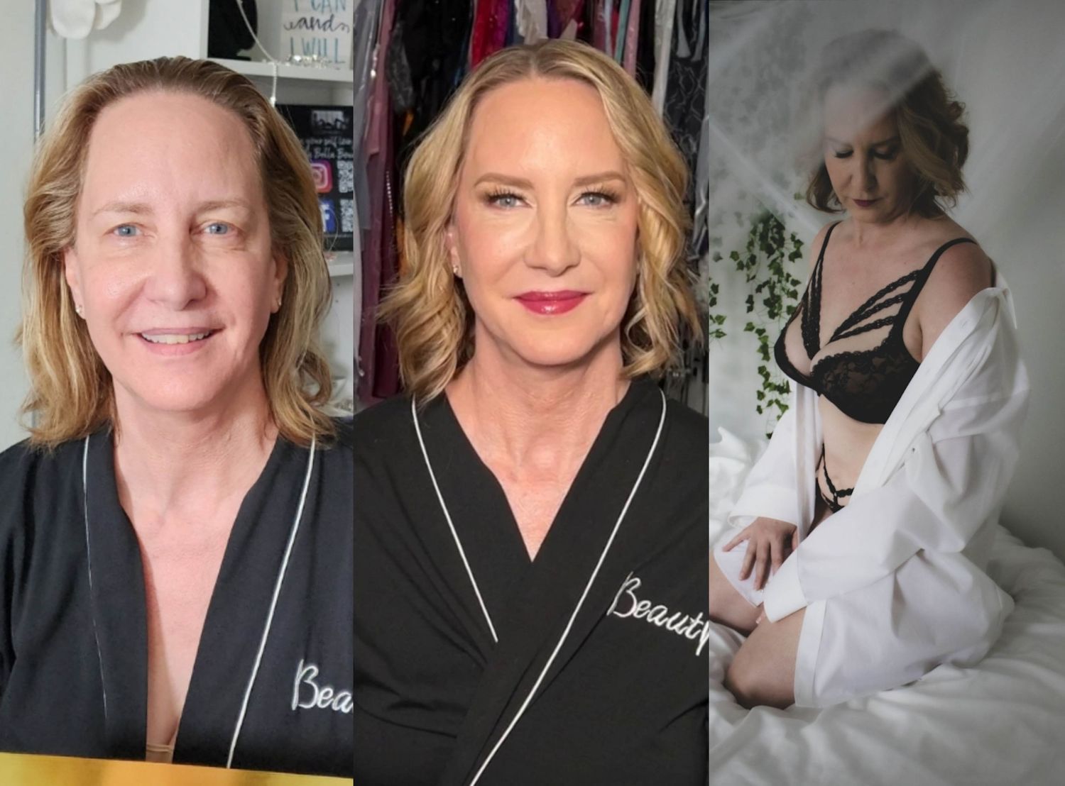 Three photos showing transformation while wearing black robes with artistic portrait.