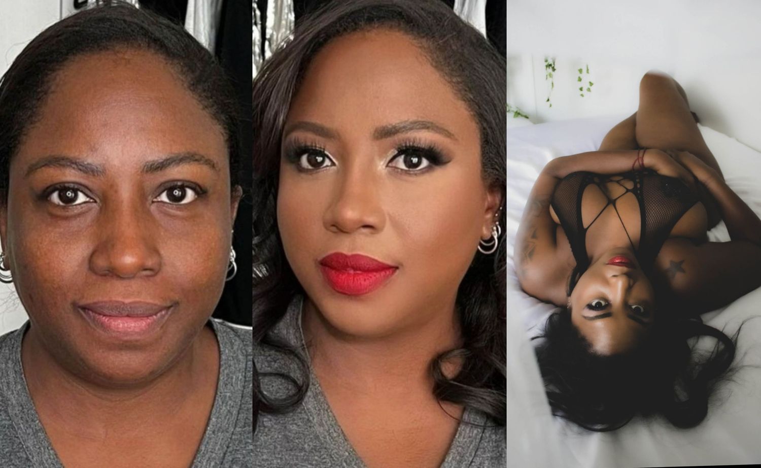 Dramatic makeup transformation and boudoir photography composition.