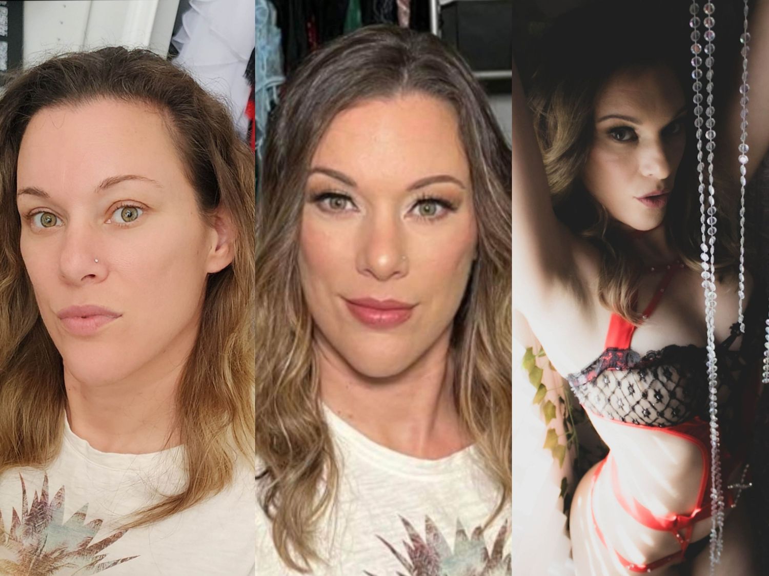 A before and after style photo diptych showing makeup transformation in white tops with darker artistic portrait.