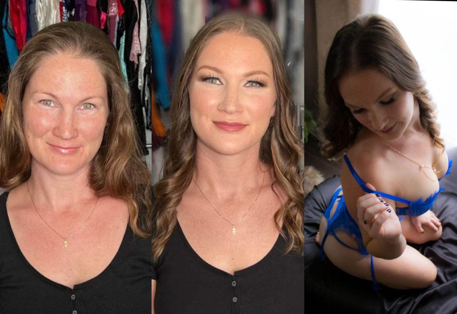 A before and after comparison in black tops with a boudoir style photo on the right.
