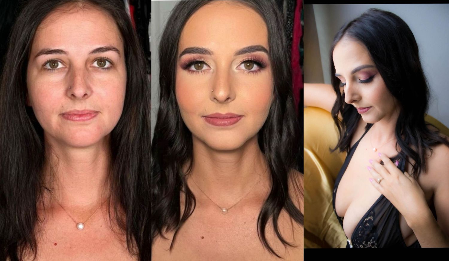 A beauty transformation diptych with dark hair and matching necklaces.