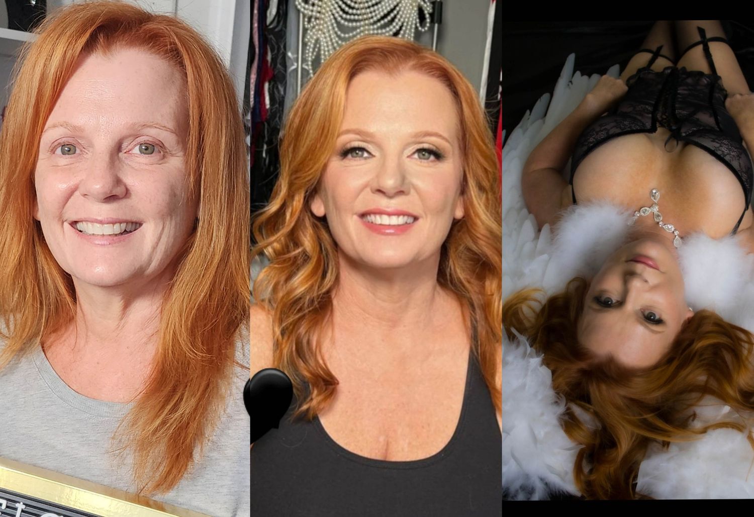 Side by side transformation photos with red hair and a glamour portrait on the right.