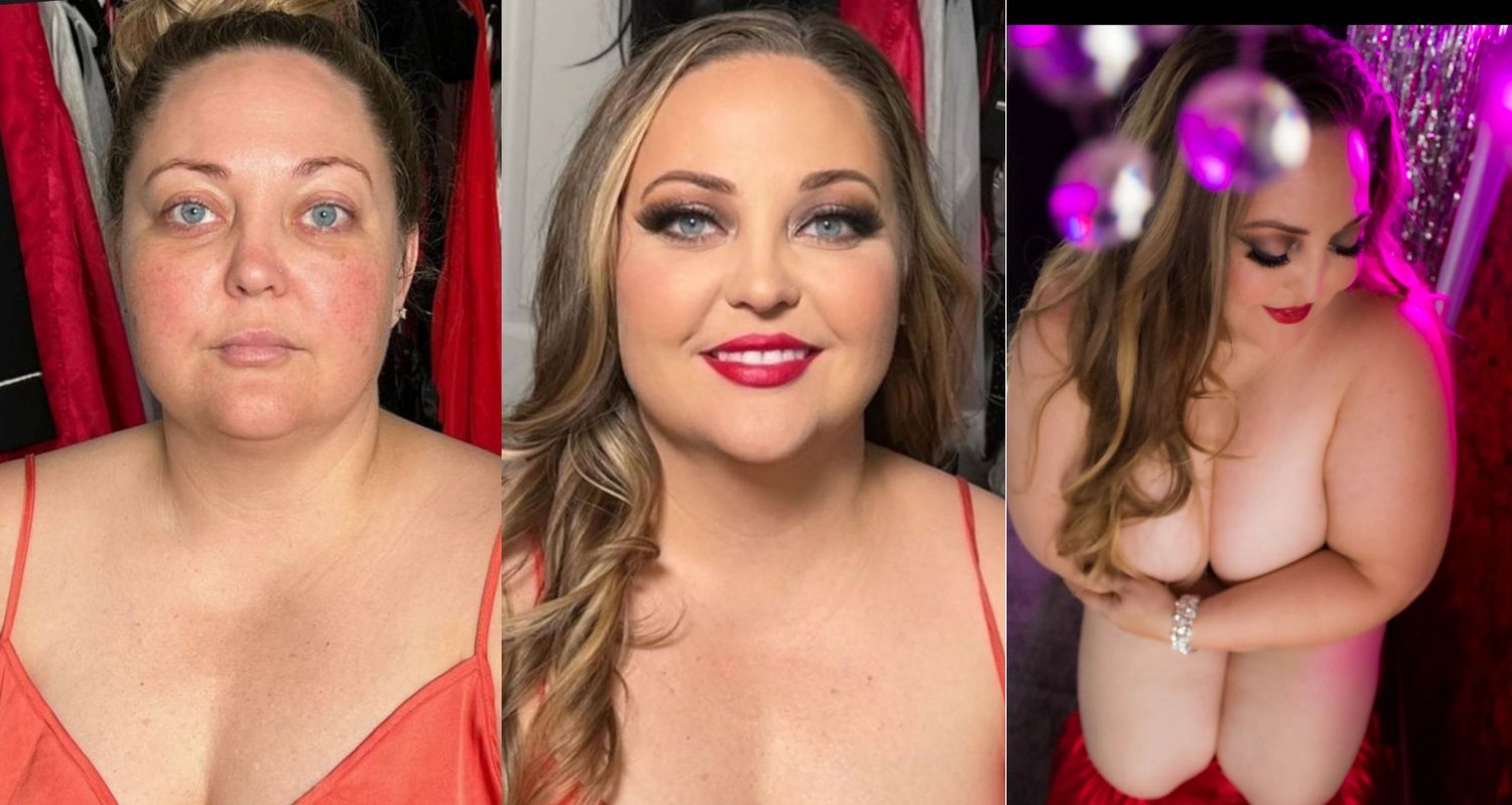 Three-panel photo showing makeup application progression and a pink-tinted boudoir portrait.