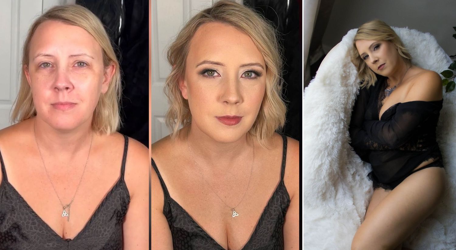 Three-panel progression showing a blonde woman in black attire with dramatic lighting.