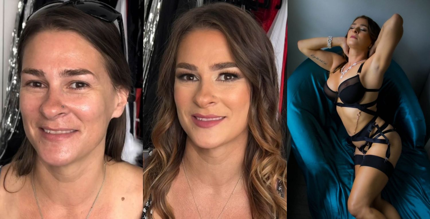 Side-by-side comparison photos with wavy brown hair and blue boudoir portrait.